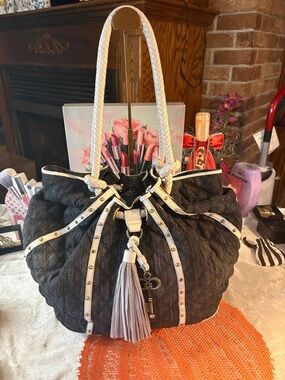 Sharif Black Denim Quilted Tote Bag 17”x 10”with White Rope & Gold Hardware NWOT